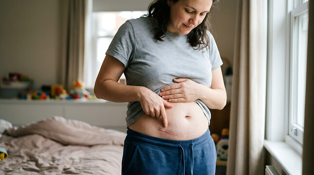 Pregnant woman touching her belly showing stretch marks in a bedroom.