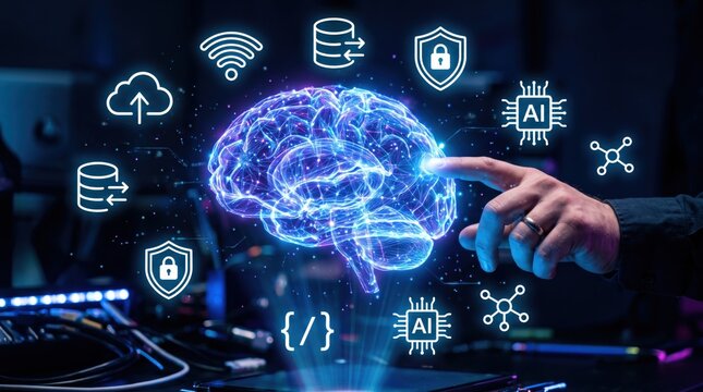 Human hand touching glowing artificial intelligence brain network, futuristic technology concept with cyber security and cloud computing icons on dark background.