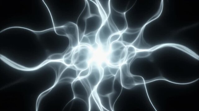 Glowing silver-white plasma pulses outward from a symmetrical bright core, forming luminous radiating tendrils against deep black with clean futuristic cinematic motion.