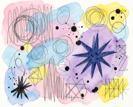 An abstract, expressive watercolor and crayon drawing reminiscent of childhood art, filling the entire frame