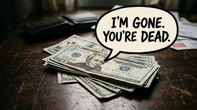 Money stack with speech bubble saying Im gone youre dead.