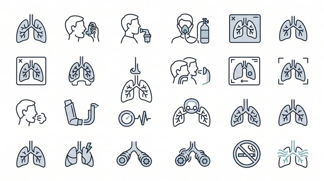 Medical respiratory system line art icons set for lung health and pulmonary diagnostics.