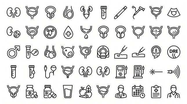 Urology and Nephrology Medical Line Icons Set for Healthcare and Clinical Diagnostics