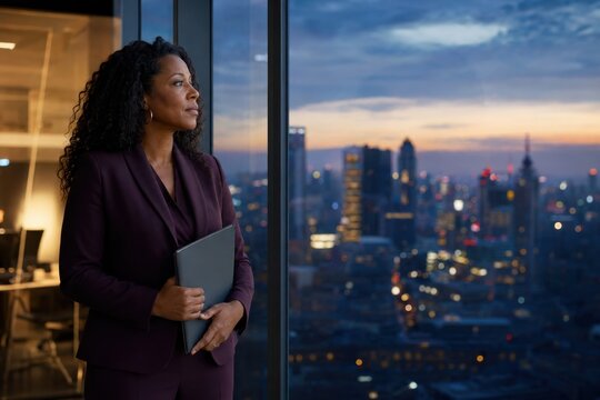 Black businesswoman holding a tablet by an office window overlooking a city at dusk