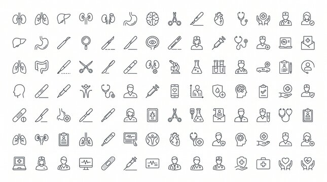 Set of medical line art icons featuring healthcare symbols and clinical equipment elements.