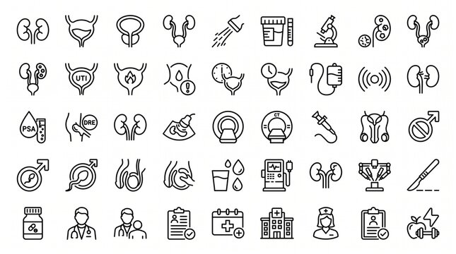 Medical Urology Line Icons Set for Healthcare Diagnostics and Clinical Urology Procedures
