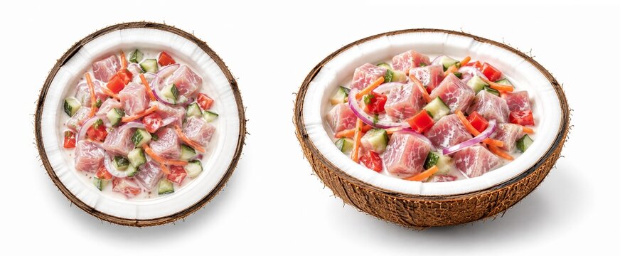 Traditional Tahitian Poisson Cru and Tongan Ota Ika Raw Fish Salad in Coconut Shell, Top and Side Views on White Background