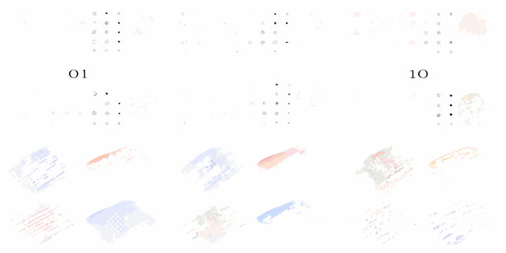 Pastel watercolor brush strokes and dotted label frames on white background