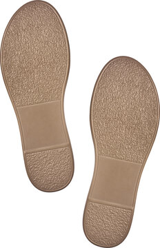 pair of brown rubber shoe soles isolated white background, textured bottom surface and flat heel footwear parts