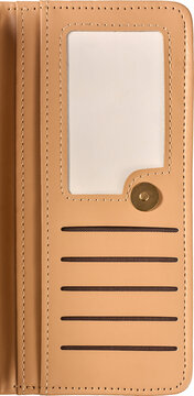 open tan leather wallet isolated white background, empty credit card slots and clear id window in close-up view