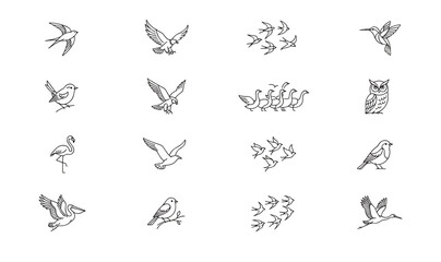 Fototapeta premium Flying Bird Line Art Icon Set with Eagles, Owls, Flamingos, and Swallows for Nature Wildlife Logos and Environmental Graphic Designs
