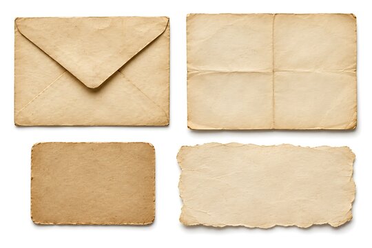 Vintage paper assortment including envelope, folded paper, and textured sheets for nostalgic themes.