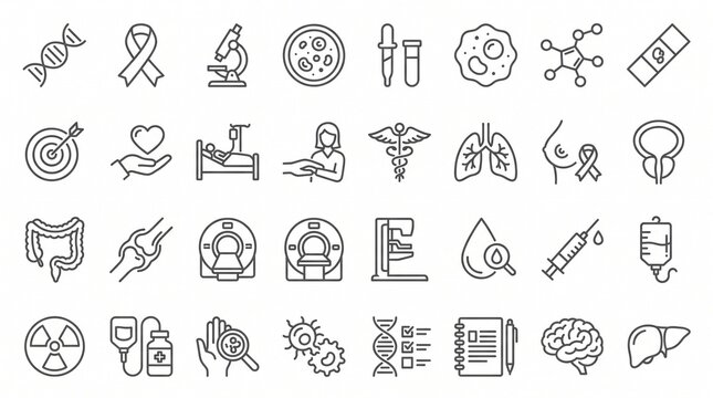Medical Oncology Vector Icons Set for Cancer Research and Clinical Healthcare Treatment