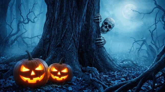 Spooky halloween scene with grinning skull peeking from behind dark tree trunk and carved glowing pumpkins in.