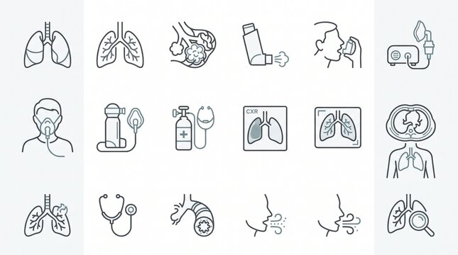Respiratory Health and Pulmonology Line Icons Set for Medical Care and Asthma Treatment