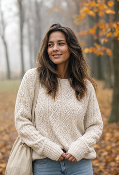 Smiling woman in a knit sweater walks a misty autumn forest. Golden fallen leaves cover the ground while soft fog drifts through the trees, creating a cozy and atmospheric fall outdoor portrait