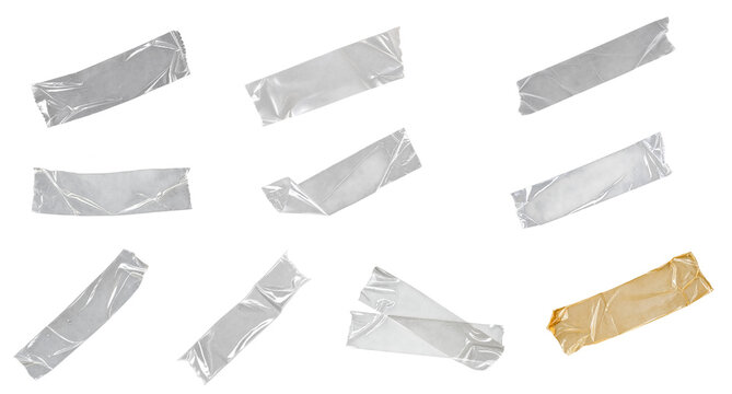 Clear Transparent Adhesive Tape Strips Set with Wrinkles Folds and Torn Edges Isolated on Transparent Background