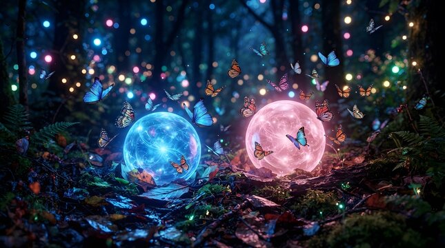 Fantasy forest scene with glowing blue and pink magical spheres