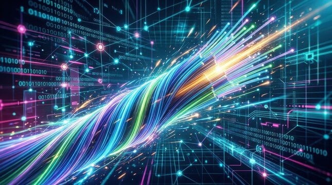 Digital data network visualization with binary code and light beams