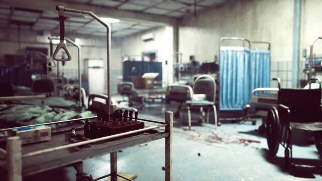 Abandoned treatment bay after hasty evacuation with overturned beds, scattered linens, tangled wires, broken equipment, wheelchair lodged among debris,