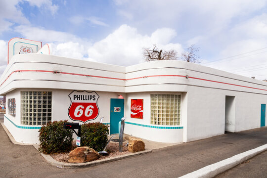 Albuquerque, New Mexico, USA, February 18, 2024 - The Googie or Doo-Wop style 66 Diner (originally built out of a 1945 Phillips 66 service station) located at 1405 Central Ave NE