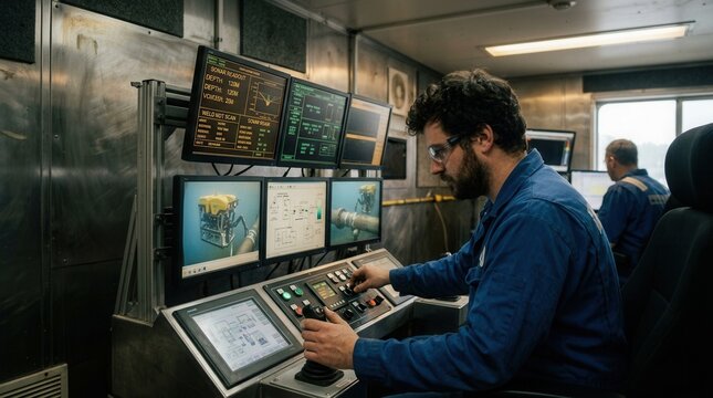 Technician in control room operating ROV for offshore oil and gas exploration, maritime operations.