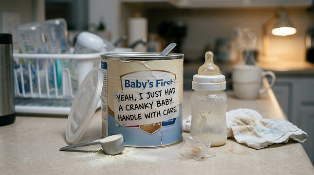 Babys First Year Formula Can with Baby Bottle and Accessories on Countertop.