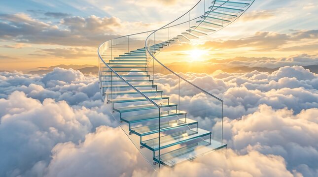 Modern glass spiral staircase floating high above thick white clouds during a beautiful golden sunset