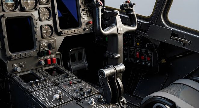 Empty military aircraft flight deck with control yoke and navigational cockpit instruments.