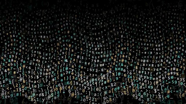 Abstract digital data stream with flowing alphanumeric characters and symbols on a black background