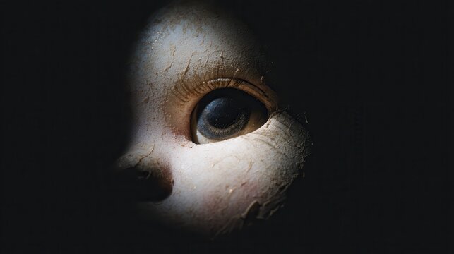 Creepy doll eye in dramatic chiaroscuro lighting with cracked porcelain texture for horror concepts