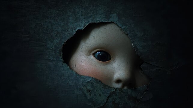 Doll face peeking through a dark textured hole with eerie lighting and selective focus