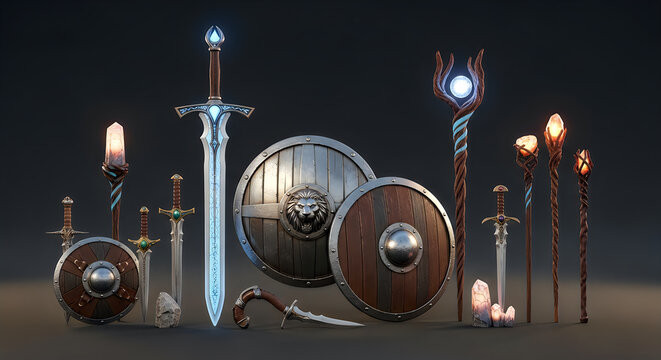 Fantasy weapon collection on a dark background, set of magical swords, shields, and staffs, warrior and wizard equipment.