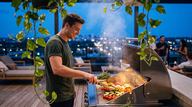Man Grilling on Rooftop Patio