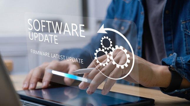Person using tablet for software update, firmware latest version progress bar with gears icon, system maintenance and technology upgrade concept