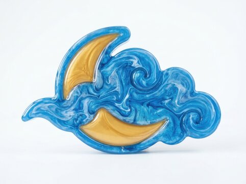 Decorative resin wall art piece featuring a golden crescent moon nestled within swirling blue and white clouds isolated on white background