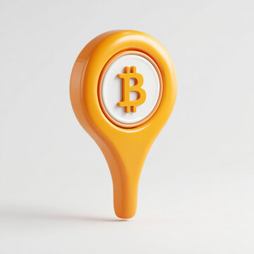 Orange 3d bitcoin map pin icon for cryptocurrency location