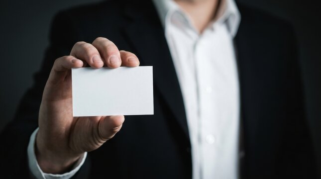 Businessman in suit holding a blank white business card towards the camera