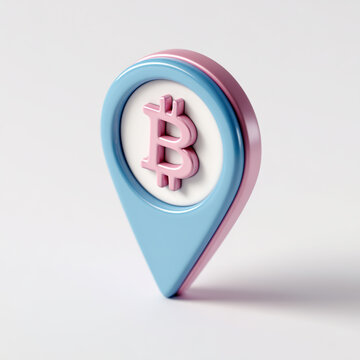 3d bitcoin logo inside a blue and pink location pin icon