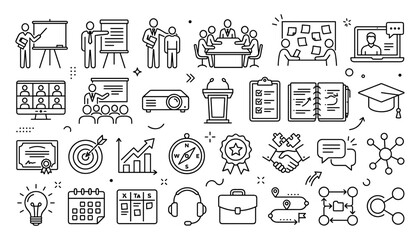 Fototapeta premium Minimalist black line icon set for business training corporate education workshop seminars remote learning professional development project planning management teamwork and video conference vectors.