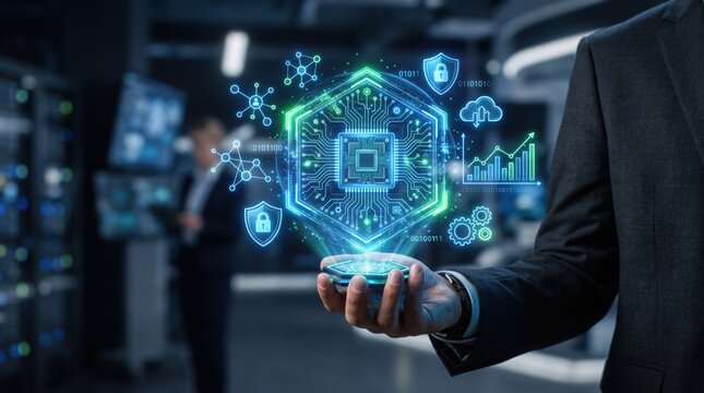 Cyber security chip protection shield, cloud data storage, network connection nodes, server room, digital encryption, blockchain technology, secure information system.