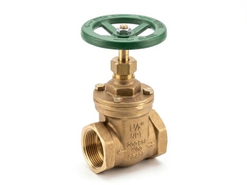 Brass gate valve with green handwheel isolated on white background