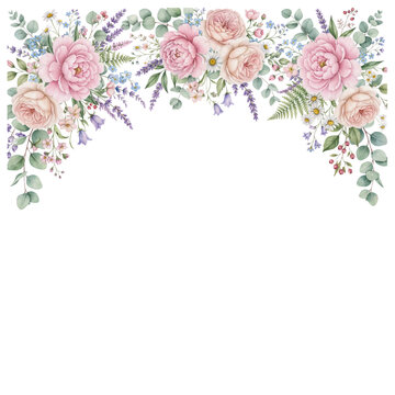 : Decorative corner border featuring delicate pastel flowers and botanical foliage 