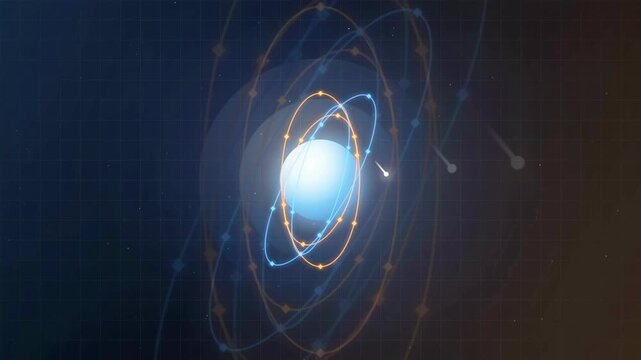 Abstract 3D Animation of a Glowing Atomic Nucleus with Rotating Electron Orbits and Particles