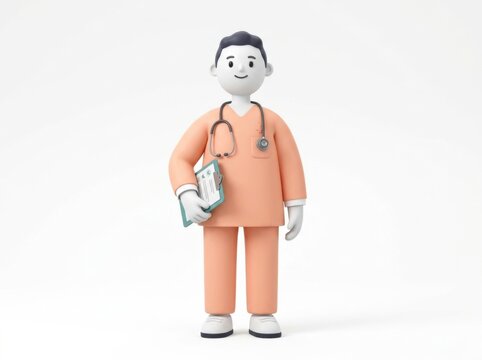 3d render of a male doctor or nurse character wearing peach scrubs and holding a clipboard, isolated on white background