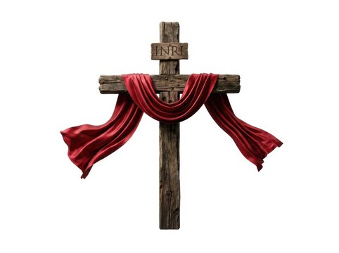 Wooden cross with red cloth draped over it isolated on white background