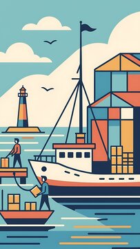 Colorful cargo ship with containers and lighthouse at sea.