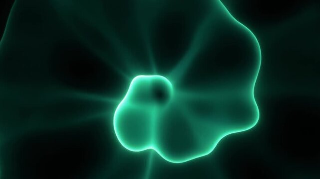 Soft emerald-green plasma gently pulses and reshapes from its luminous core, expanding and contracting against deep black with calm cinematic glow and minimalist negative space.