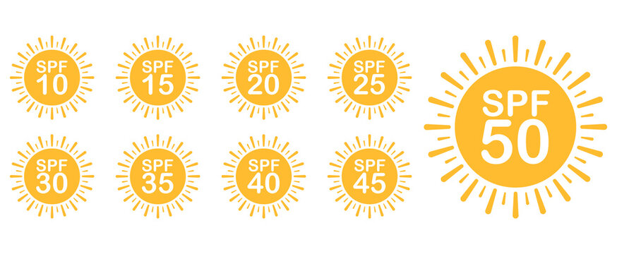 SPF Sun protection factor icons set from 10 to 50. Yellow sun icons for sunscreen, cosmetic packaging, UV protection labeling, and skin care design.