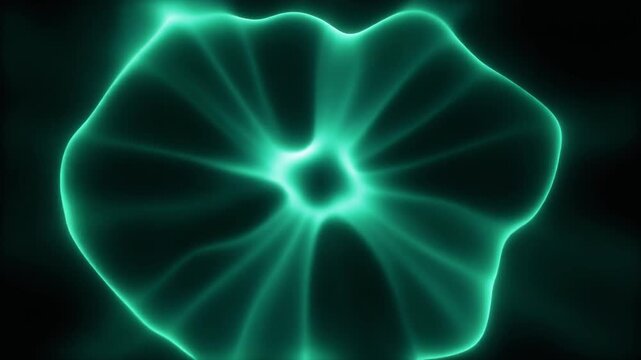 Soft emerald-green plasma gently pulses and reshapes from its luminous core, expanding and contracting against deep black with calm cinematic glow and minimalist negative space.